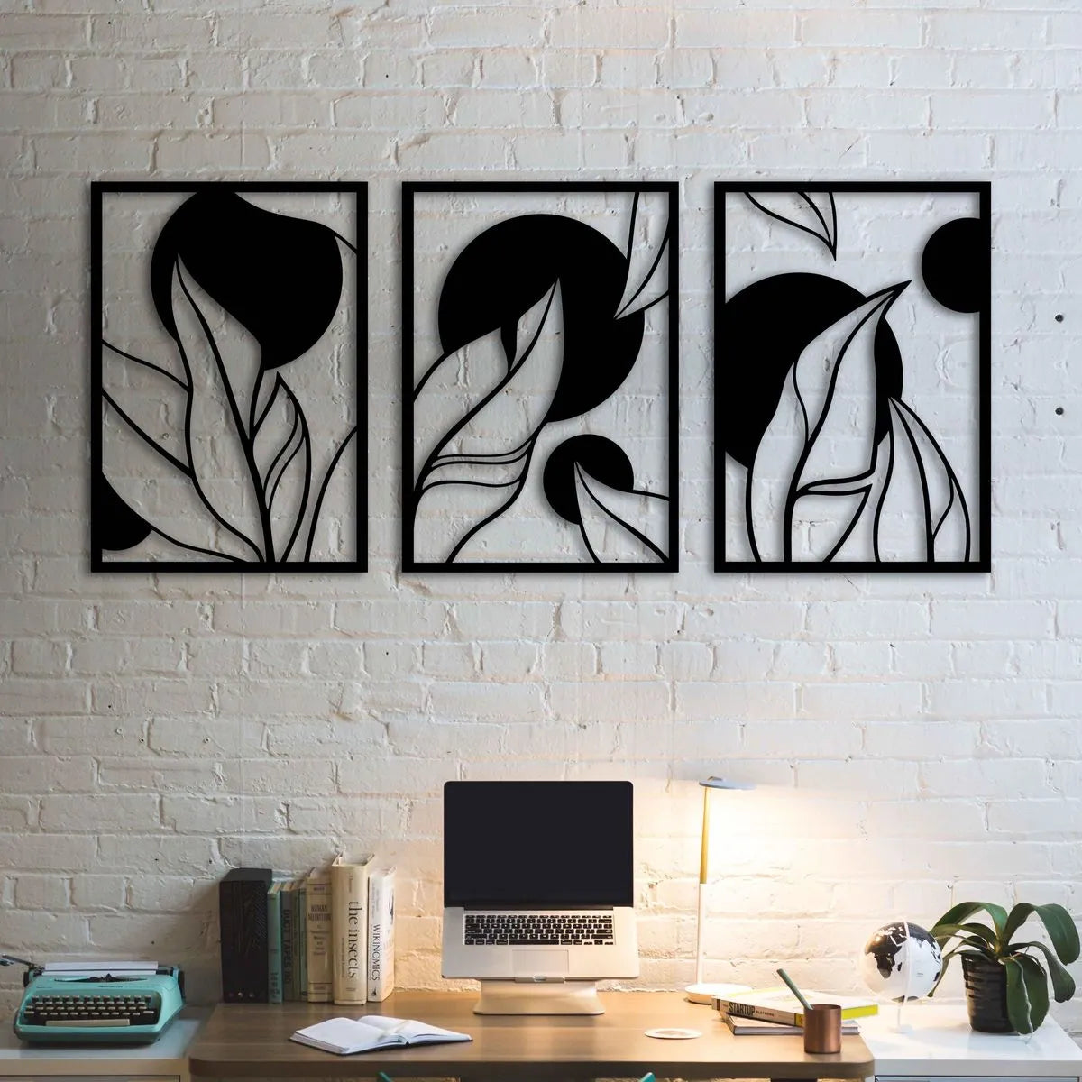 3-piece wooden picture, large leaves