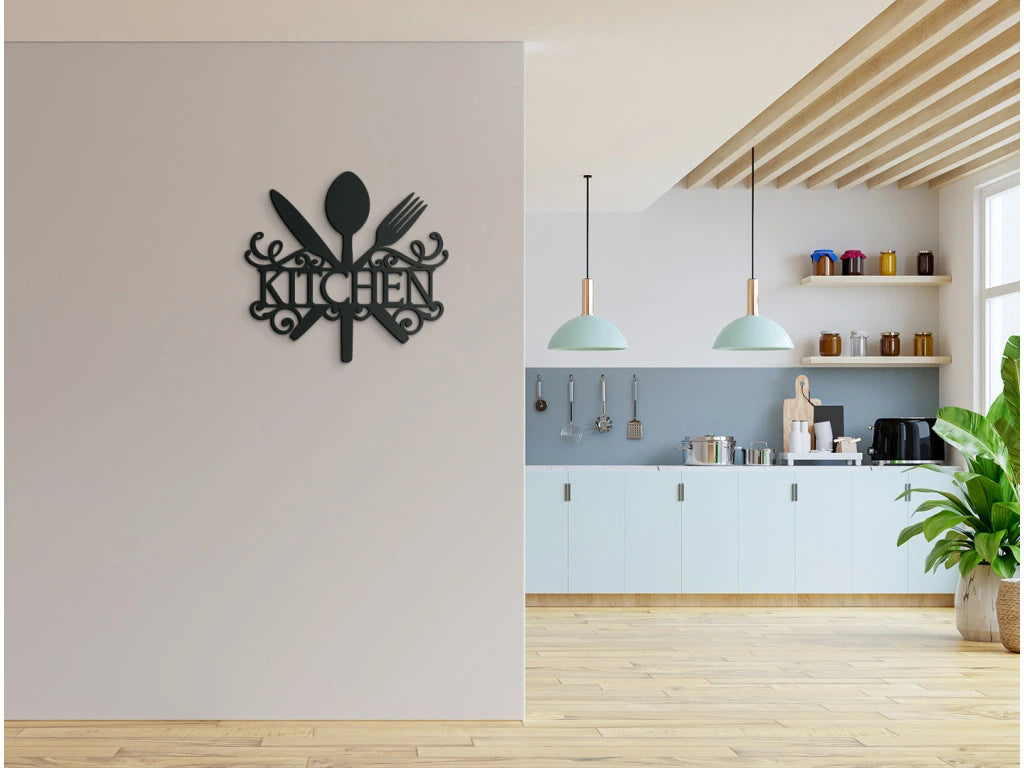 "Kitchen" Wooden Sign with Cutlery and Decor