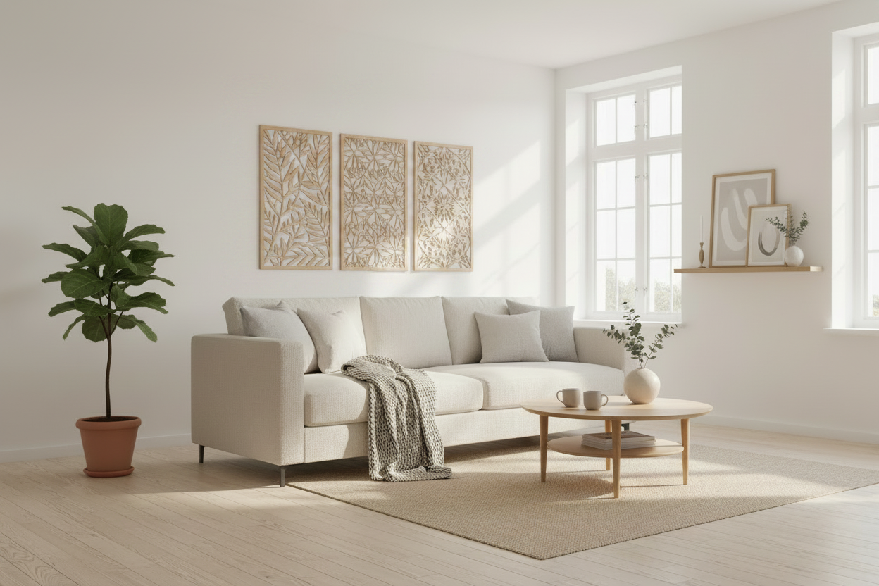 Salón con cuadro de madera en la pared